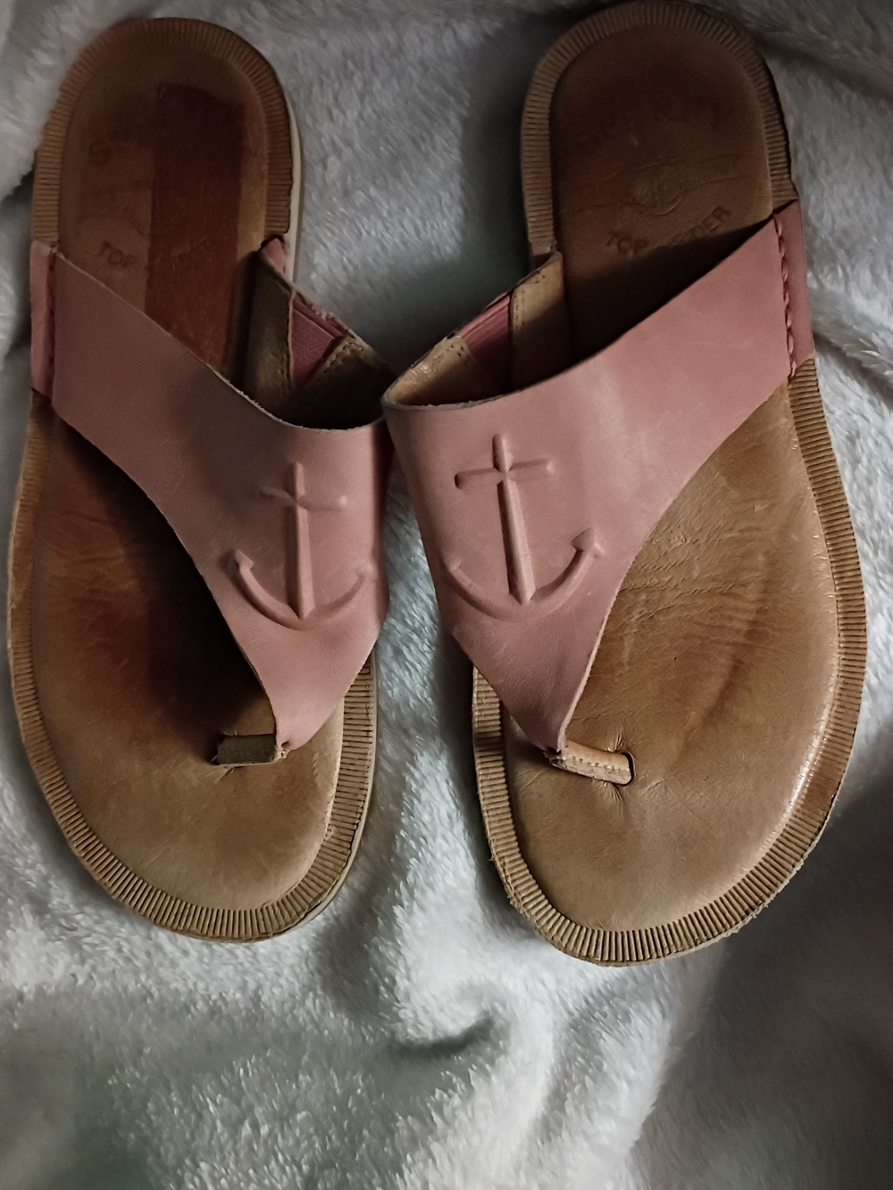 Sperry Pink Leather Thong Slip-On Sandals Logo Accent Women's US 6 EU 36